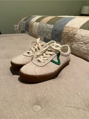 Vans Cream Suede Sneakers with Green Side Stripe and Gum Sole
